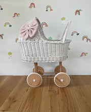 Load image into Gallery viewer, Wicker pram with bow, tall dolls pram, bow and bedding included. White
