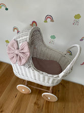 Load image into Gallery viewer, Wicker pram with bow, tall dolls pram, bow and bedding included. White
