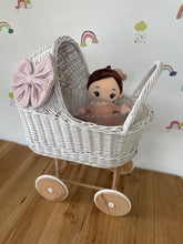 Load image into Gallery viewer, Wicker pram with bow, tall dolls pram, bow and bedding included. White
