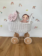 Load image into Gallery viewer, Wicker pram with bow, tall dolls pram, bow and bedding included. White
