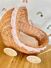 Load image into Gallery viewer, WICKER PRAM with lace trim, Doll pram, wicker doll pram with bedding included, pram toy | wooden pram, baby pram, 1st bday gift, natural
