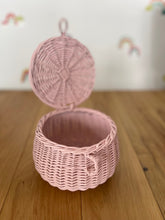 Load image into Gallery viewer, Light PINK storage basket, kids interior storage,  wicker basket, basket with lid, rattan basket, wicker basket, small storage basket,
