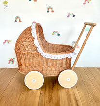 Load image into Gallery viewer, WICKER PRAM with lace trim, Doll pram, wicker doll pram with bedding included, pram toy | wooden pram, baby pram, 1st bday gift, natural
