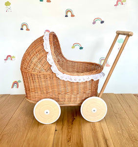 WICKER PRAM with lace trim, Doll pram, wicker doll pram with bedding included, pram toy | wooden pram, baby pram, 1st bday gift, natural