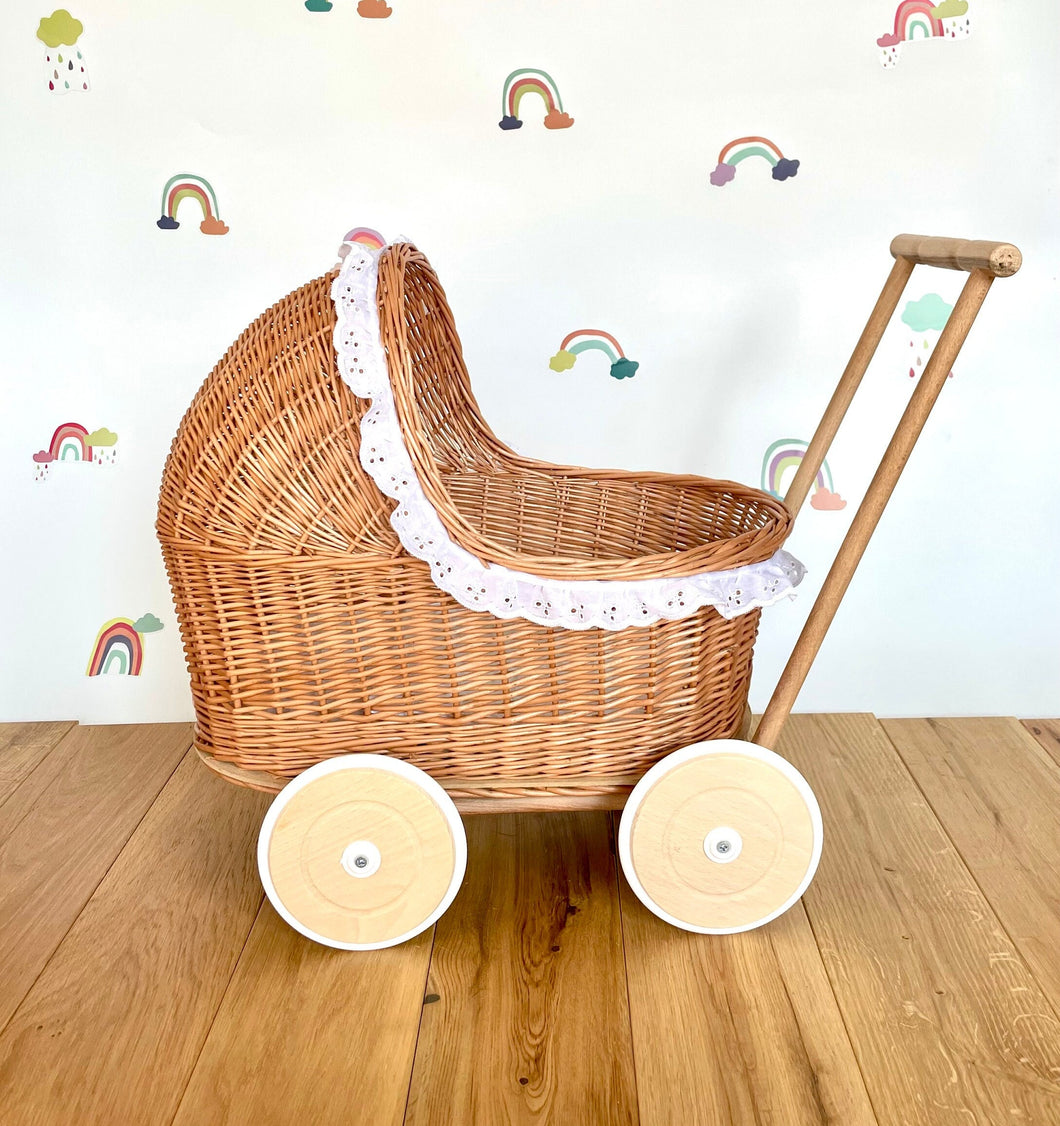 WICKER PRAM with lace trim, Doll pram, wicker doll pram with bedding included, pram toy | wooden pram, baby pram, 1st bday gift, natural