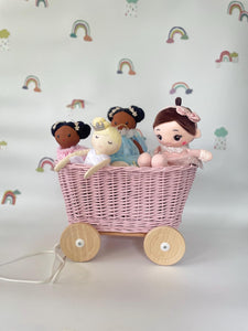 LIGHT PINK wicker pull-along wagon toy, trolley on wheels, wagon on wheels, wicker cart