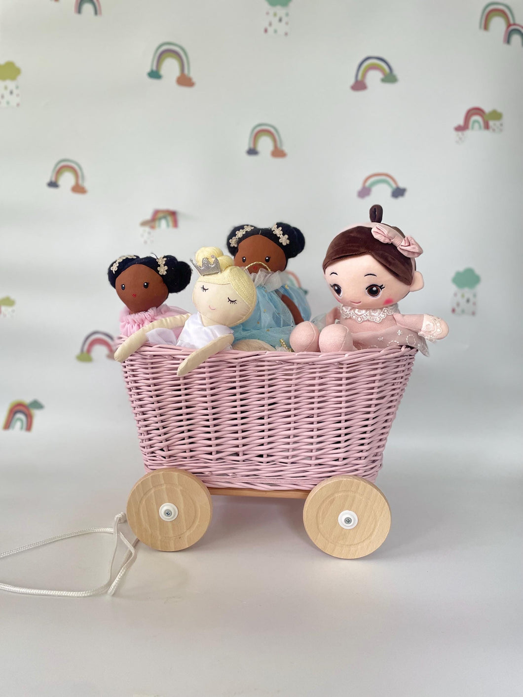 LIGHT PINK wicker pull-along wagon toy, trolley on wheels, wagon on wheels, wicker cart