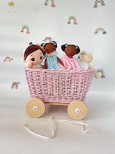 Load image into Gallery viewer, BLUE wicker pull-along wagon toy, trolley on wheels, wagon on wheels, wicker cart
