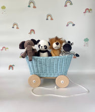 Load image into Gallery viewer, BLUE wicker pull-along wagon toy, trolley on wheels, wagon on wheels, wicker cart
