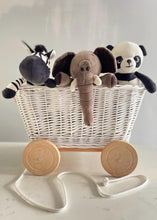 Load image into Gallery viewer, WHITE  wicker pull-along wagon toy, trolley on wheels, wagon on wheels, wicker cart
