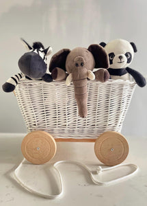 WHITE  wicker pull-along wagon toy, trolley on wheels, wagon on wheels, wicker cart