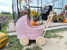 Load image into Gallery viewer, WICKER PRAM doll pram, pink pram, wicker doll pram, baby doll pram, pram toy, wooden pram, wicker dolls pram, 1st bday gift, light pink
