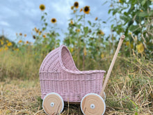 Load image into Gallery viewer, WICKER PRAM doll pram, pink pram, wicker doll pram, baby doll pram, pram toy, wooden pram, wicker dolls pram, 1st bday gift, light pink
