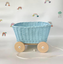 Load image into Gallery viewer, BLUE wicker pull-along wagon toy, trolley on wheels, wagon on wheels, wicker cart
