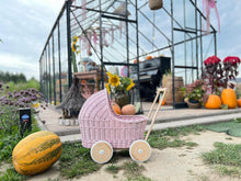 Load image into Gallery viewer, WICKER PRAM doll pram, pink pram, wicker doll pram, baby doll pram, pram toy, wooden pram, wicker dolls pram, 1st bday gift, light pink
