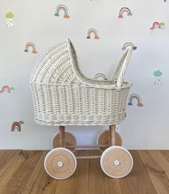 Load image into Gallery viewer, Cream wicker doll pram, 1st birthday girl pram,  wicker pram, handmade, eco-friendly toy, no bedding.
