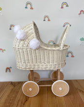 Load image into Gallery viewer, Cream wicker doll pram, 1st birthday girl pram,  wicker pram, handmade, eco-friendly toy, no bedding.
