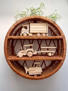 Round wicker hanging shelf, Hanging bookshelf, Natural unpainted wicker