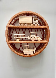 Round wicker hanging shelf, Hanging bookshelf, Natural unpainted wicker