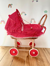 Load image into Gallery viewer, Dolls pram with folding hood, doll pram, wicker doll pram UK, baby doll pram, pram toy, wooden pram, baby stroller, Red
