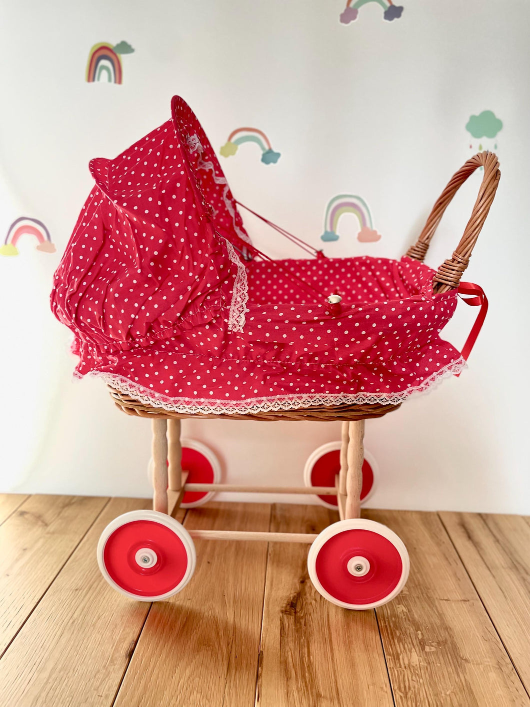 Dolls pram with folding hood, doll pram, wicker doll pram UK, baby doll pram, pram toy, wooden pram, baby stroller, Red