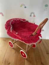 Load image into Gallery viewer, Dolls pram with folding hood, doll pram, wicker doll pram UK, baby doll pram, pram toy, wooden pram, baby stroller, Red
