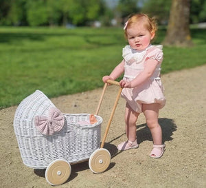 LUXURY wicker pram with  bow and bedding included, doll pram, wicker pram, baby doll pram, wooden pram, WHITE