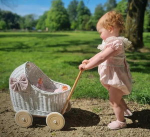 LUXURY wicker pram with  bow and bedding included, doll pram, wicker pram, baby doll pram, wooden pram, WHITE