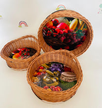 Load image into Gallery viewer, Wicker tray, wicker serving tray, round tray, fruit basket, breakfast basket
