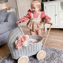 Load image into Gallery viewer, Wicker Pram, Dolls Pram, Dolls Stroller, Wooden Toy, Baby Pram, Wicker Dolls Pram, 1st Birthday Gift, Light Grey
