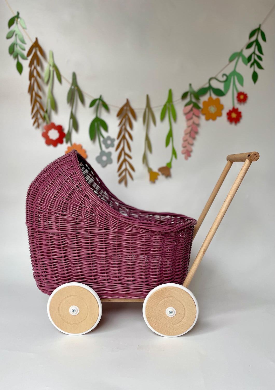 Personalised Purple Wicker Doll’s Pram, wicker stroller, baby dolls pram, baby pram, dolls pram, wooden toy, wicker pram