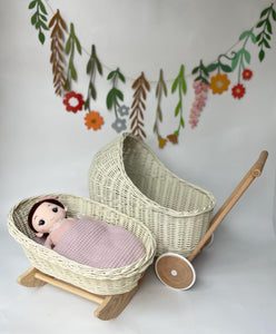 Luxury set of cream wicker doll stroller and wicker crib, pram with bow, bedding, bow and name tag included
