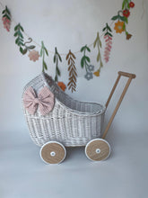 Load image into Gallery viewer, LUXURY wicker pram with bow and bedding included, dolls pram, wicker pram, baby doll pram, pram toy, wooden pram, wicker dolls pram, WHITE
