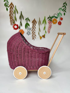 Personalised Purple Wicker Doll’s Pram, wicker stroller, baby dolls pram, baby pram, dolls pram, wooden toy, wicker pram
