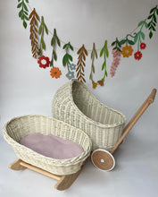 Load image into Gallery viewer, Luxury set of cream wicker doll stroller and wicker crib, pram with bow, bedding, bow and name tag included
