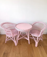Load image into Gallery viewer, Pink wicker table and 2 chairs set, wicker toddler table set, rattan light pink table set, rattan chairs,
