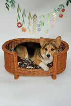 Load image into Gallery viewer, Luxury personalised wicker oval dogs bed with cushion. Dog bed, dog crib, wicker pets bed.
