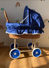 Load image into Gallery viewer, WICKER PRAM | doll pram | wicker doll pram UK |baby doll pram | pram toy | wooden pram | baby pram | wicker dolls pram | navy blue
