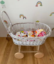 Load image into Gallery viewer, simple WICKER PRAM | doll pram | wicker doll pram UK |baby doll pram | pram toy | wooden pram | baby pram | wicker dolls pram |white painted
