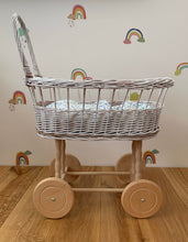 Load image into Gallery viewer, simple WICKER PRAM | doll pram | wicker doll pram UK |baby doll pram | pram toy | wooden pram | baby pram | wicker dolls pram |white painted
