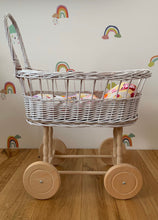 Load image into Gallery viewer, simple WICKER PRAM | doll pram | wicker doll pram UK |baby doll pram | pram toy | wooden pram | baby pram | wicker dolls pram |white painted
