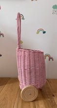 Load image into Gallery viewer, Light pink wicker pull basket on wheels for kids size S
