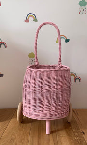 Light pink wicker pull basket on wheels for kids size S