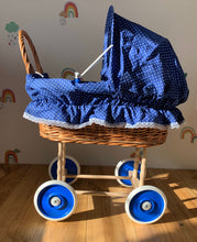 Load image into Gallery viewer, WICKER PRAM | doll pram | wicker doll pram UK |baby doll pram | pram toy | wooden pram | baby pram | wicker dolls pram | navy blue
