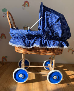 WICKER PRAM | doll pram | wicker doll pram UK |baby doll pram | pram toy | wooden pram | baby pram | wicker dolls pram | navy blue