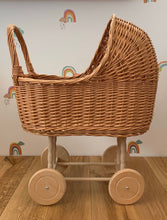 Load image into Gallery viewer, WICKER PRAM, dolls pram, baby doll pram, pram toy, wooden pram, baby pram, wicker dolls pram, tall pram, natural
