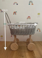 Load image into Gallery viewer, simple WICKER PRAM | doll pram | wicker doll pram UK |baby doll pram | pram toy | wooden pram | baby pram | wicker dolls pram |white painted
