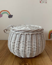 Load image into Gallery viewer, WHITE storage wicker basket  kids interior storage basket kids room, basket with lid, rattan basket, wicker basket
