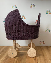 Load image into Gallery viewer, tall WICKER PRAM | doll pram | wicker doll pram UK |baby doll pram | pram toy | wooden pram | baby pram | wicker dolls pram | dark purple
