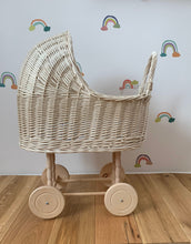 Load image into Gallery viewer, Cream wicker doll pram, 1st birthday girl pram, not painted, wicker pram, handmade, eco-friendly toy
